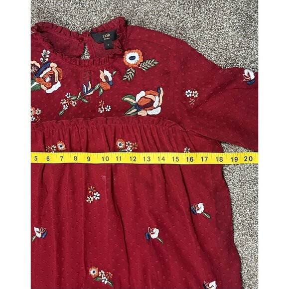zink London Women Dress Small Size Textured A Line Tiered Red Floral Embroidery - Picture 7 of 16